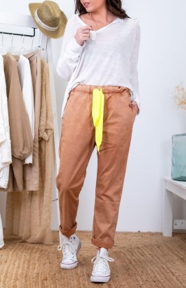 Pantalon JOE camel/jaune fluo