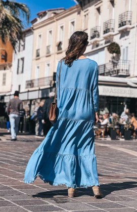 Robe MAÏNA longue manches 3/4 bleu clair