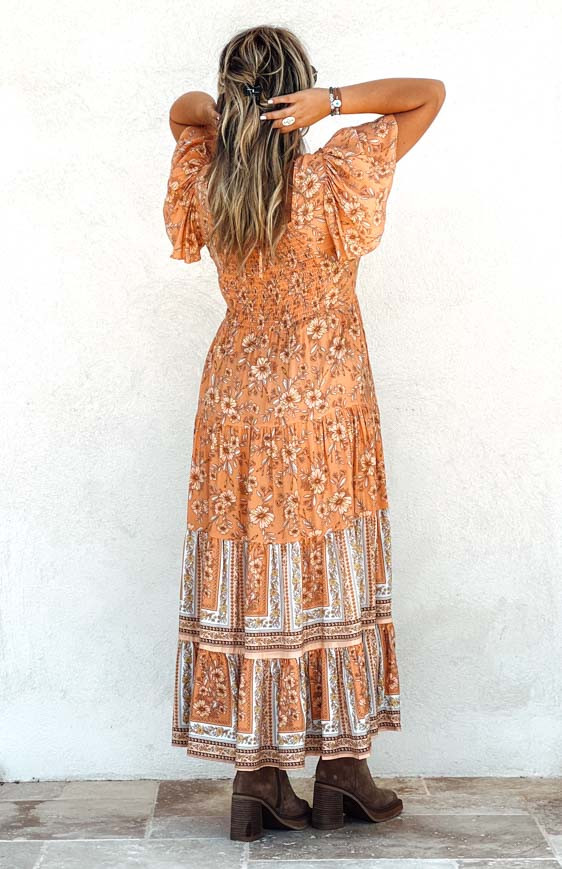 Robe ELISA Longue Manches courtes Orange