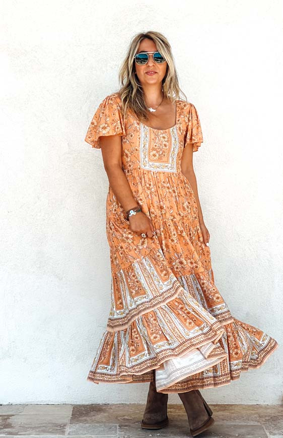 Robe ELISA Longue Manches courtes Orange