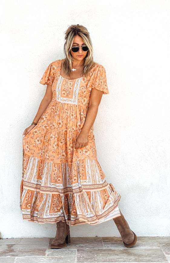 Robe ELISA Longue Manches courtes Orange