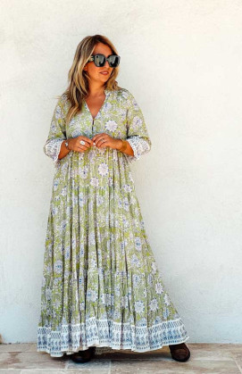 Robe ADELE longue verte manches trois quart