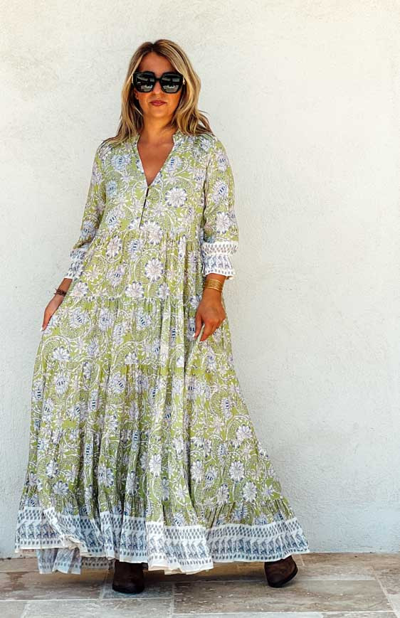 Robe ADELE longue verte manches trois quart