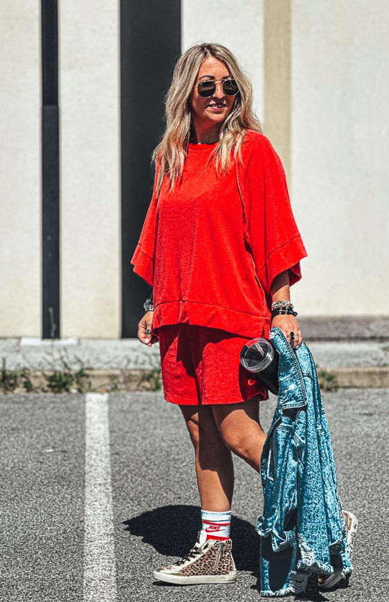 Red 3/4-sleeve DIEGO terry cloth t-shirt