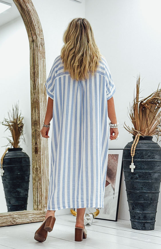 Robe INES longue manches courtes bleu clair