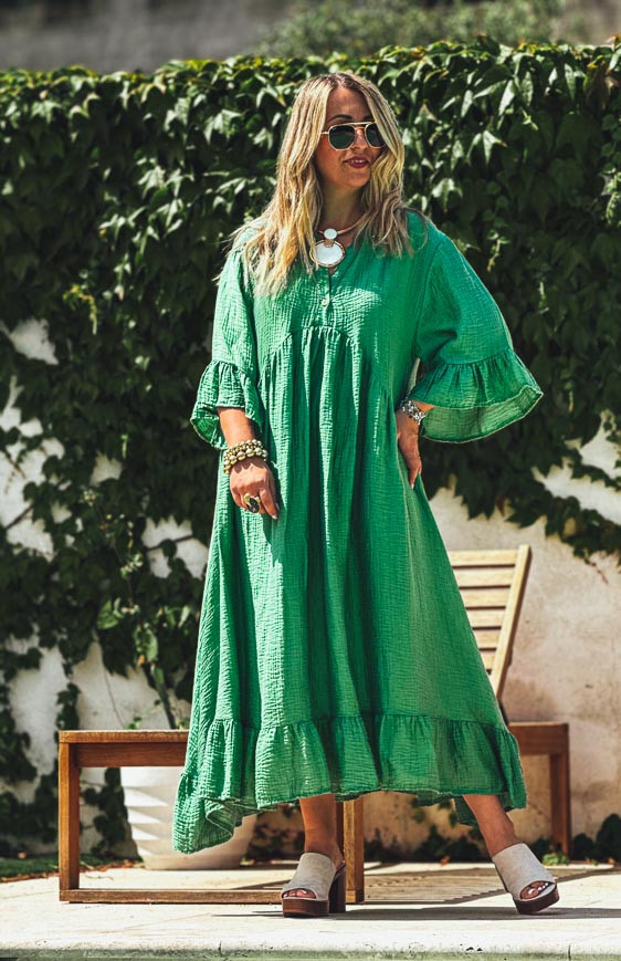 Robe MELISSA longue manches 3/4 verte