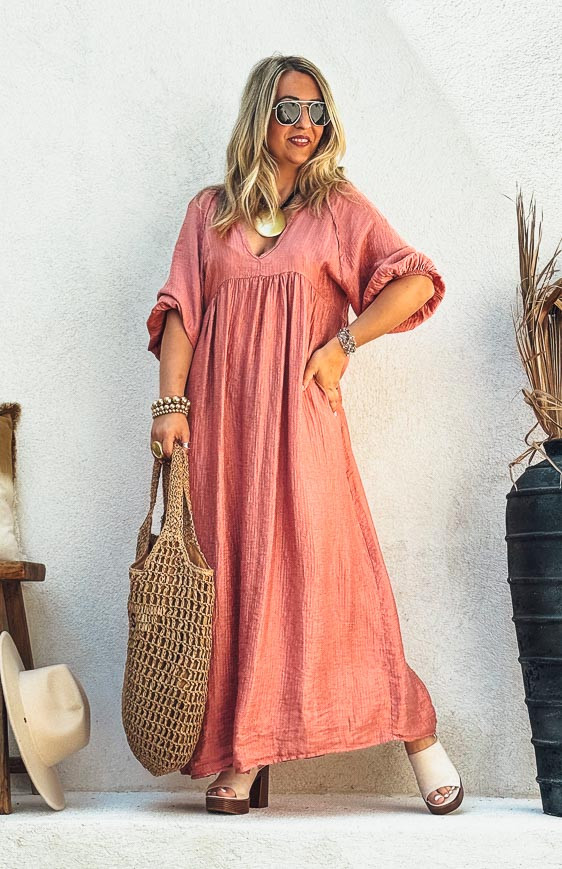 Robe ALIONA longue manches 3/4 vieux rose