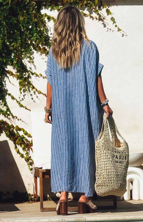Robe VEDIA longue manches courtes bleue