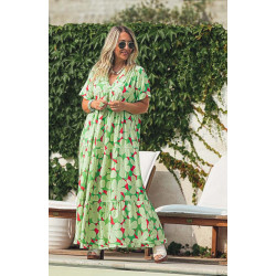 Robe MAGNOLIA longue manches courtes verte
