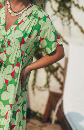 Robe MAGNOLIA longue manches courtes verte