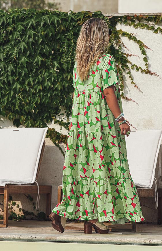 Robe MAGNOLIA longue manches courtes verte