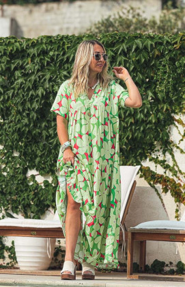 Robe MAGNOLIA longue manches courtes verte