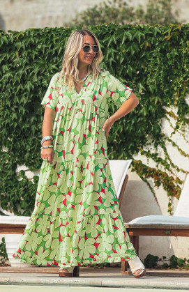 Robe MAGNOLIA longue manches courtes verte