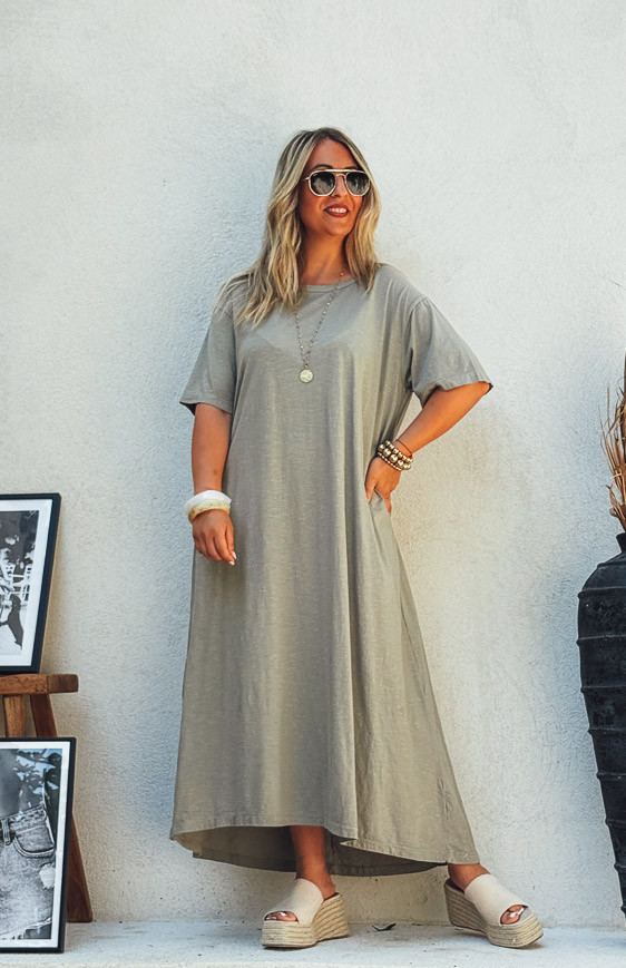 Taupe VICKY long dress, short sleeves