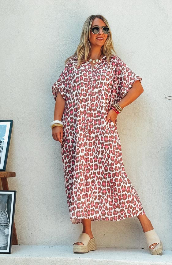Léo/fuchsia CAPUCINE short-sleeved long dress