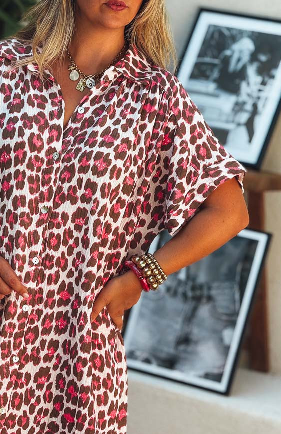 Robe CAPUCINE longue manches courtes léo/fuchsia