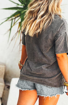 T-shirt BOHO manches courtes noir vintage/rose fluo