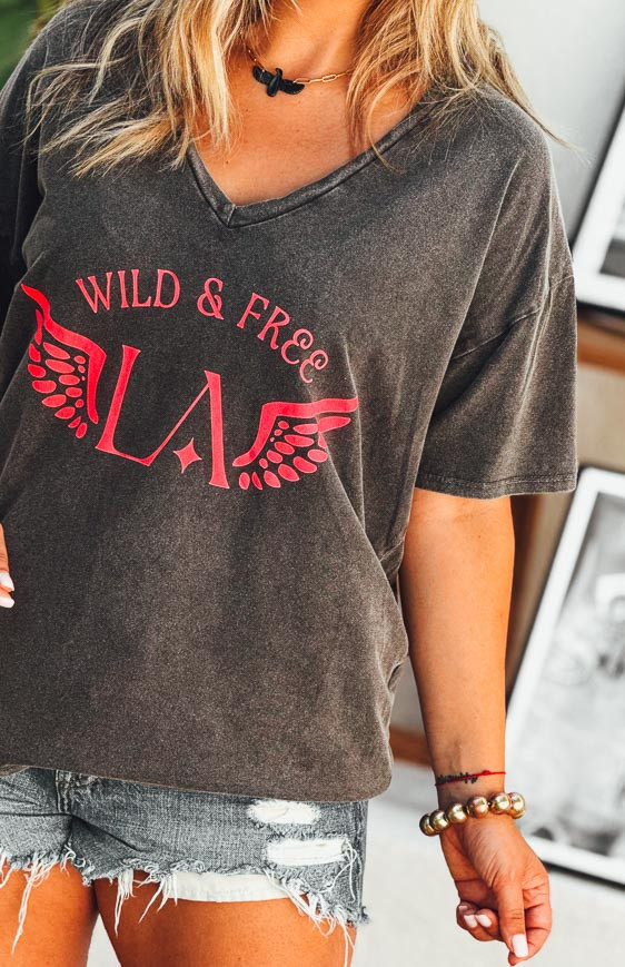T-shirt BOHO manches courtes noir vintage/rose fluo