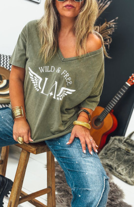 Khaki/white BOHO short-sleeved t-shirt