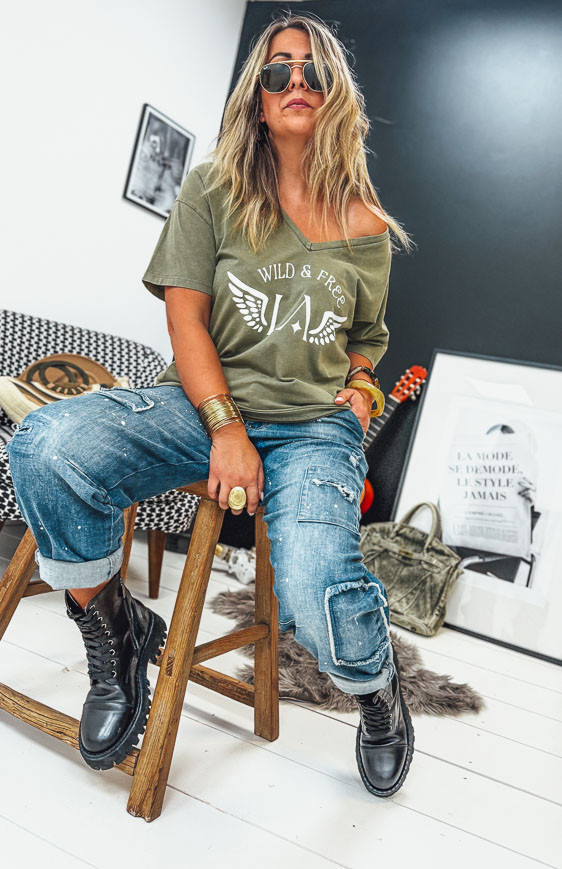 Khaki/white BOHO short-sleeved t-shirt