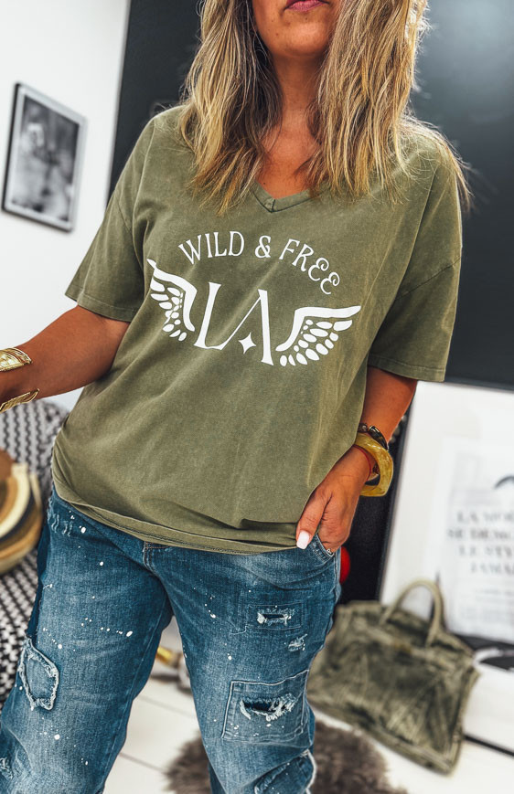 Khaki/white BOHO short-sleeved t-shirt