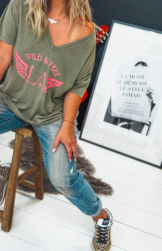 T-shirt BOHO manches courtes kaki/rose fluo
