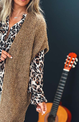 Camel WOODSTOCK long cardigan with short sleeves