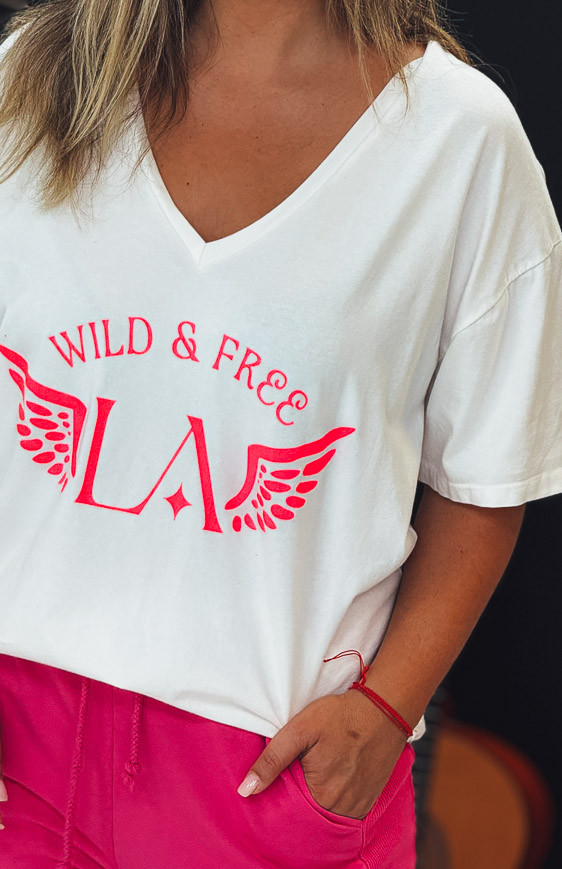 White/fluorescent pink BOHO short-sleeved t-shirt