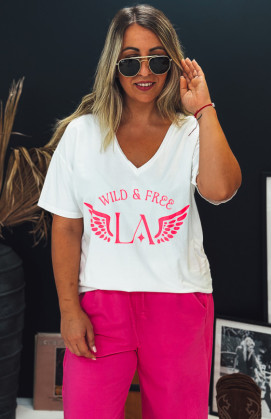 White/fluorescent pink BOHO short-sleeved t-shirt