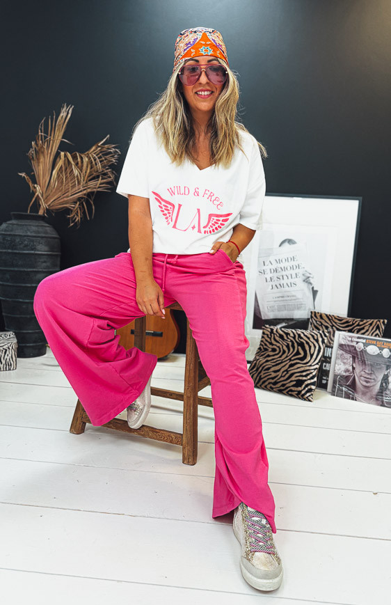 White/fluorescent pink BOHO short-sleeved t-shirt
