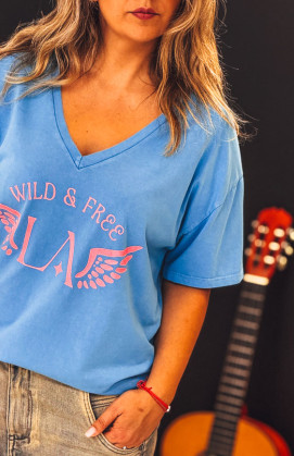 T-shirt BOHO manches courtes azur/rose fluo