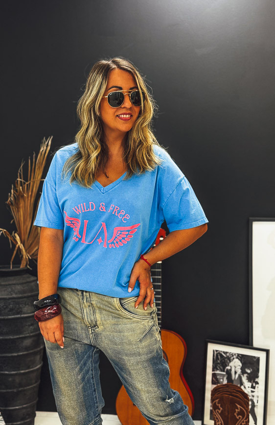 Azure/fluorescent pink BOHO short-sleeved t-shirt