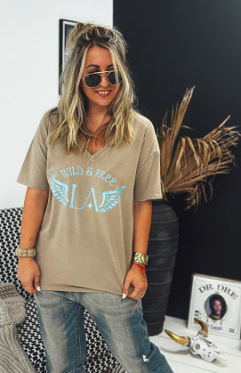 T-shirt BOHO manches courtes camel/turquoise