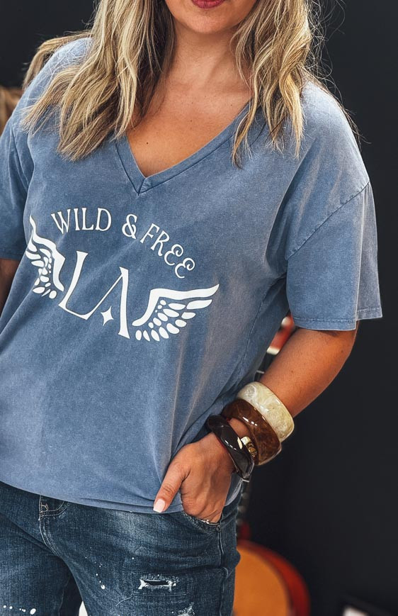 T-shirt BOHO manches courtes bleu vintage