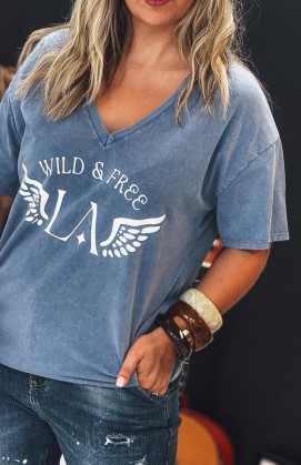 T-shirt BOHO manches courtes bleu vintage