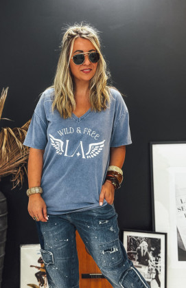 T-shirt BOHO manches courtes bleu vintage