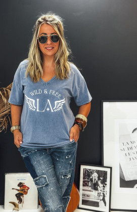T-shirt BOHO manches courtes bleu vintage