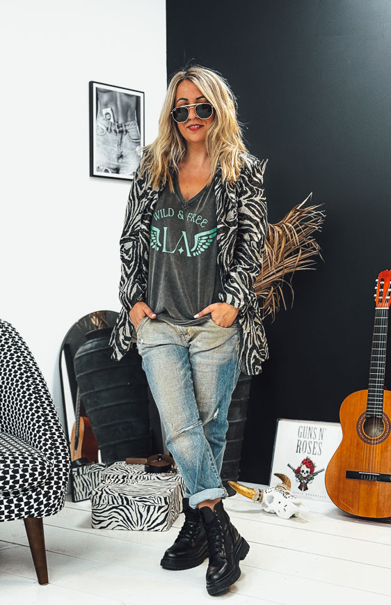 T-shirt BOHO manches courtes noir vintage/vert