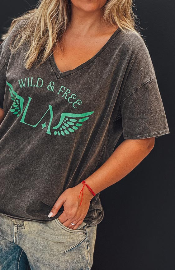 T-shirt BOHO manches courtes noir vintage/vert