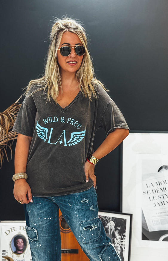 T-shirt BOHO manches courtes noir vintage/bleu clair