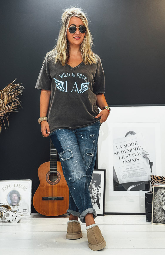 T-shirt BOHO manches courtes noir vintage/bleu clair