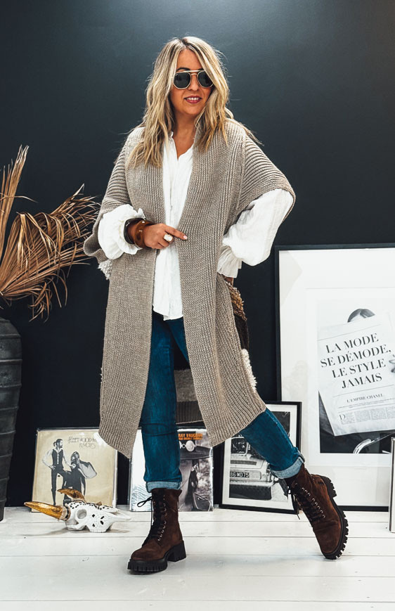 Taupe TOBIAS long cardigan with short sleeves