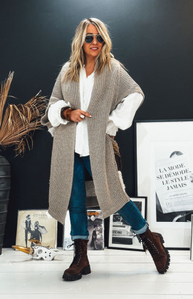 Taupe TOBIAS long cardigan with short sleeves