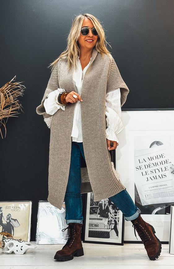 Taupe TOBIAS long cardigan with short sleeves